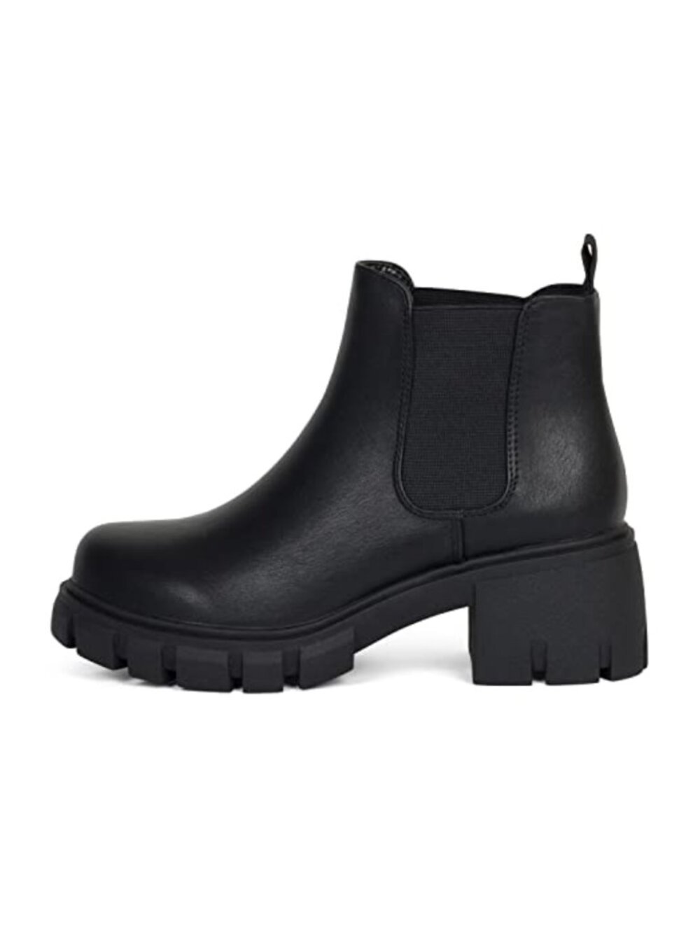 Lug Sole Mid Heel Chelsea Ankle Bootie Double Elastic Gore PU